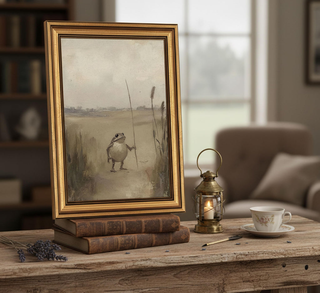 Vintage Gold Framed-Funny Whimsical Frog Traveler Wall Art, Eclectic Frog Canvas Prints, Retro Farmhouse Animal