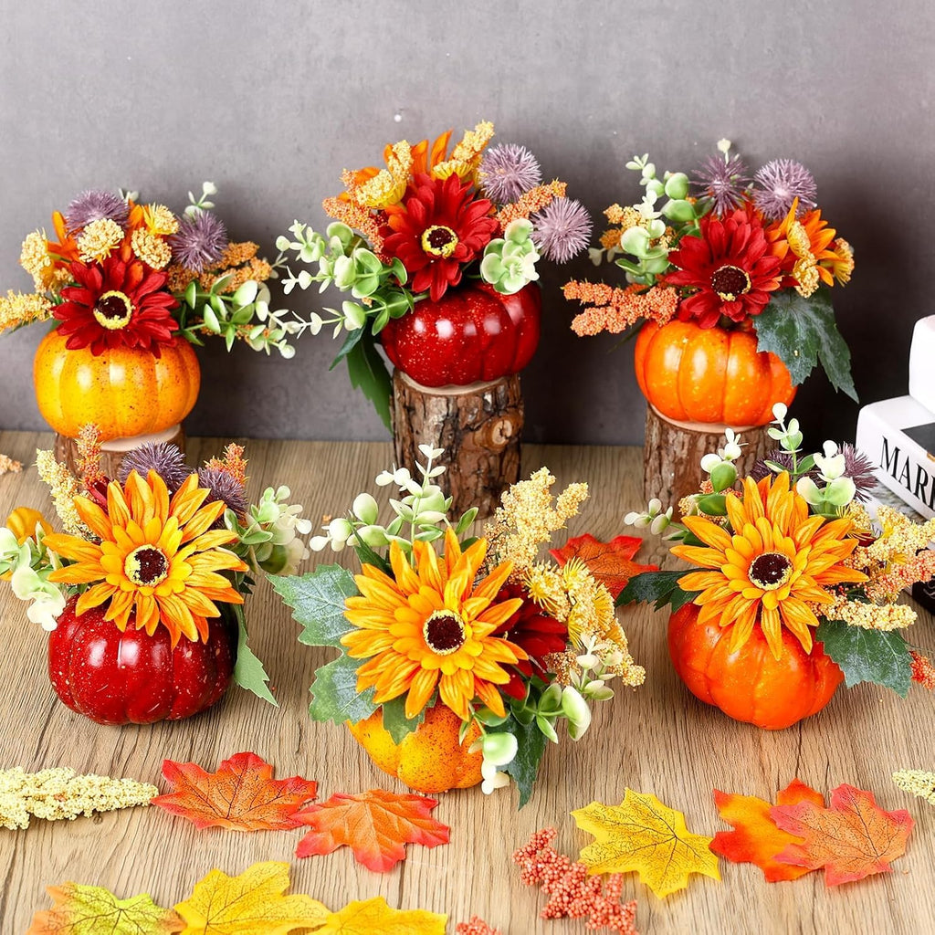 Mini Fall Pumpkin with Artificial Flower Decorations Thanksgiving Sunflower Centerpieces for Tables Harvest - Set of 6