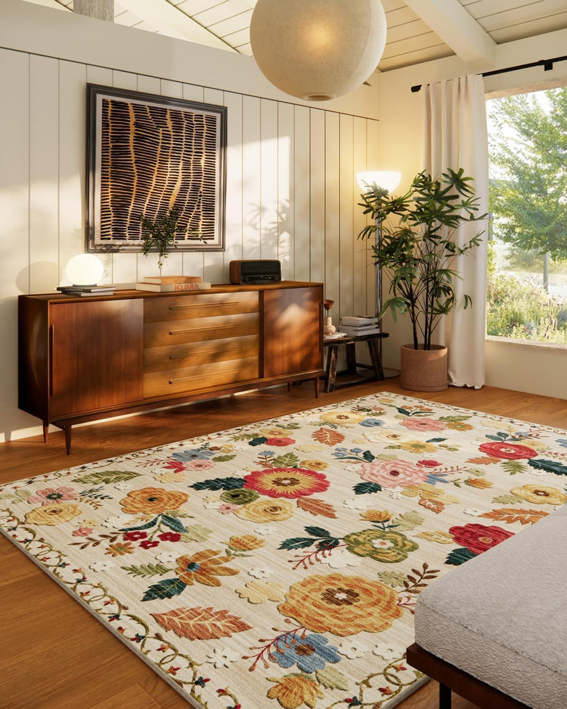 8x10 Area Rugs for Living Room: Washable Rug Non Slip Low Pile Soft Faux Wool Non Shedding Distressed Vintage Floral