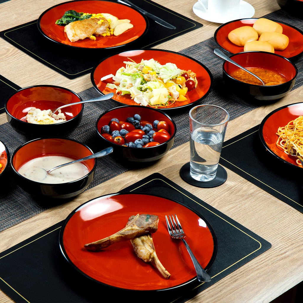TP 18-Piece Melamine Dinnerware Sets, Service for 6, Black&Red