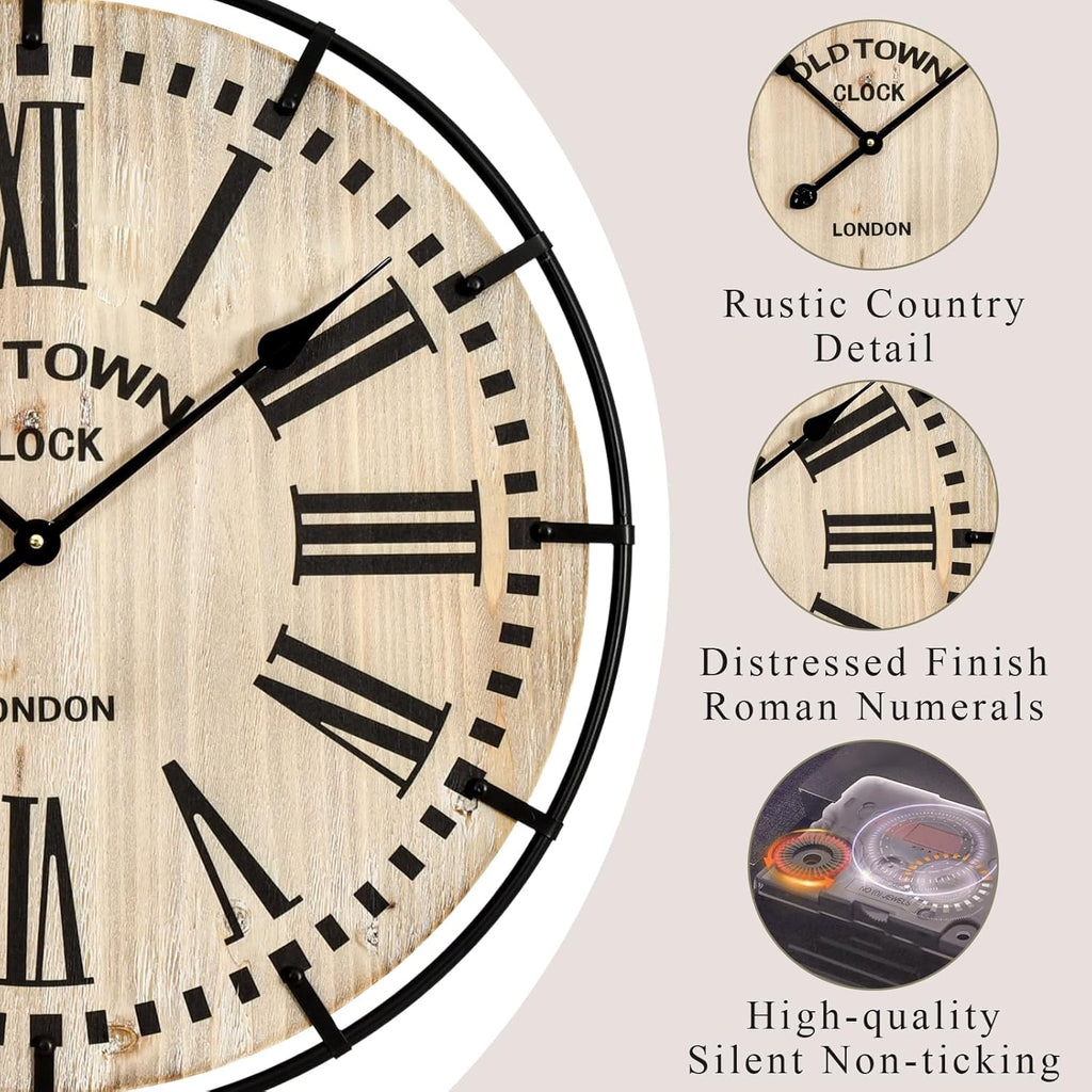 Rustic Farmhouse Wall Clock 24 Inch, Vintage Oldtown London Wooden Large Clock with Silent Tick, for Bedroom, Office