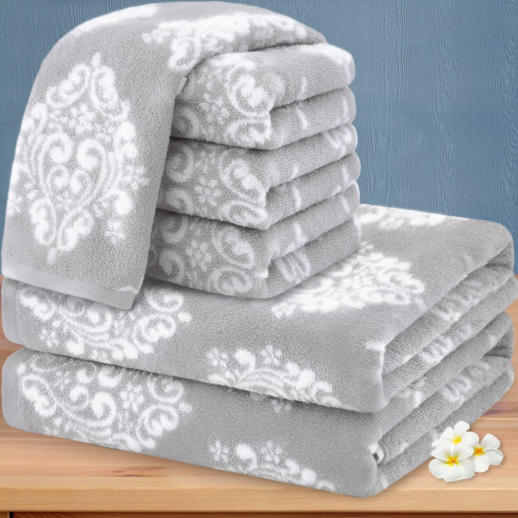 Grey Towel 6pc, 100% Cotton, Damask | Absorbent, Soft, Thick, Quick Dry, Heavy Duty, Fade-Resistant, Shower Towel