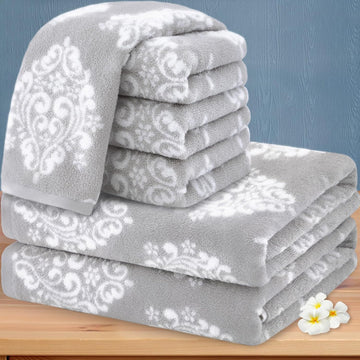 Grey Towel 6pc, 100% Cotton, Damask | Absorbent, Soft, Thick, Quick Dry, Heavy Duty, Fade-Resistant, Shower Towel