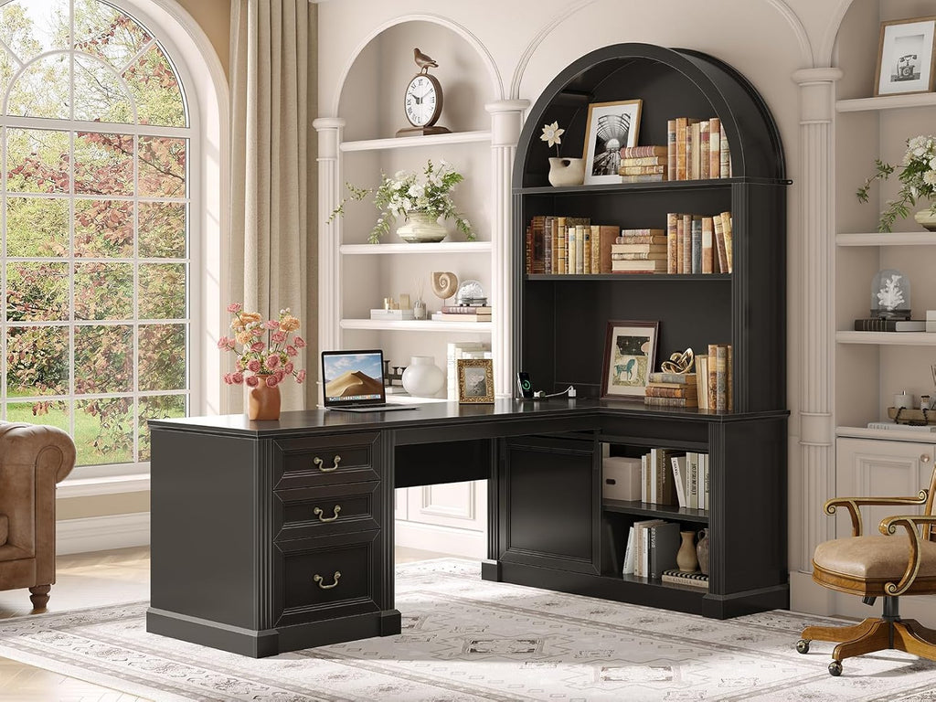 67" L Shaped Desk with Tall Arched Bookshelf, Mid-Century Office Computer Desk with 3 Drawers and Storage Shelves