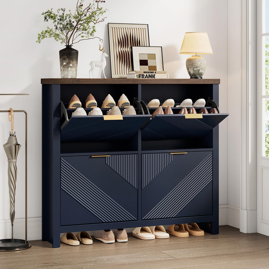 Shoe Cabinet with 4 Flip Drawers & Symmetric Groove Pattern