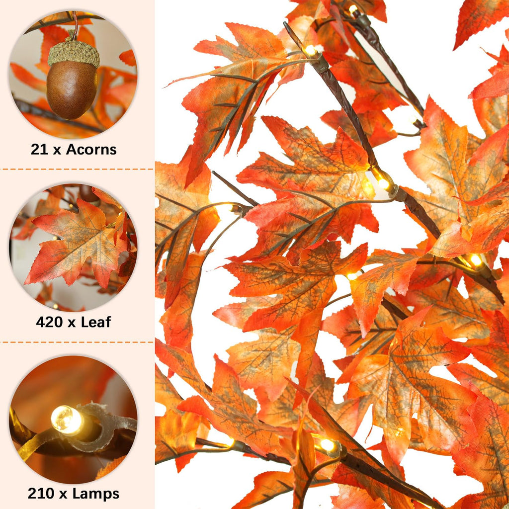 8FT Fall Maple Tree Light - Thanksgiving Decor Artificial Tree with 21 Acorn, Remote 8 Flashing Modes, Timing