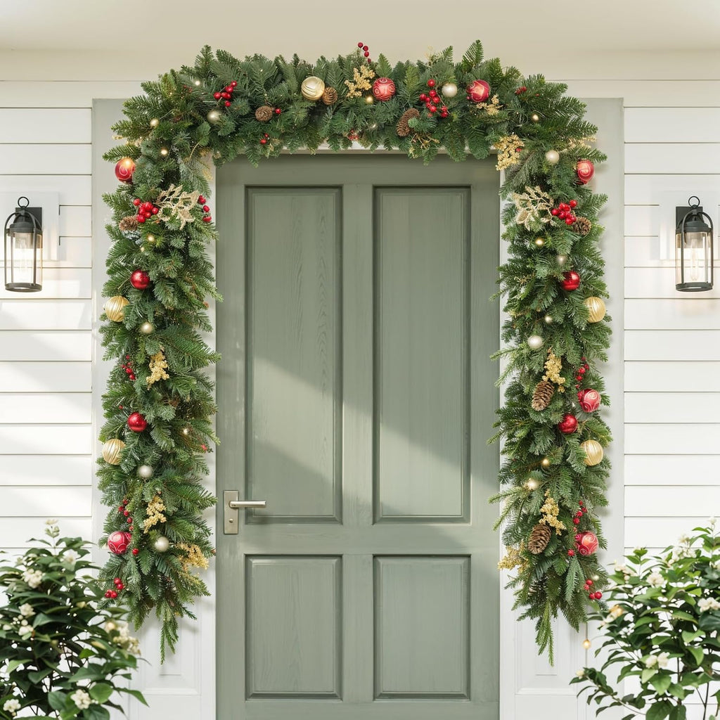 9FT Artificial Christmas Prelit Garland with 50 White Light, Pulg , Pine Cones, Gold and Red Ball, Red Berris