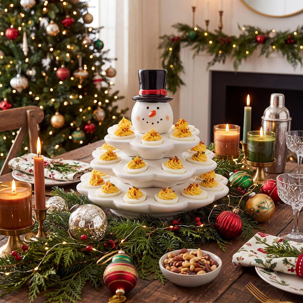 4 Layer Ceramic Snowman Christmas Tree Deviled Egg Platter, 26 Hole