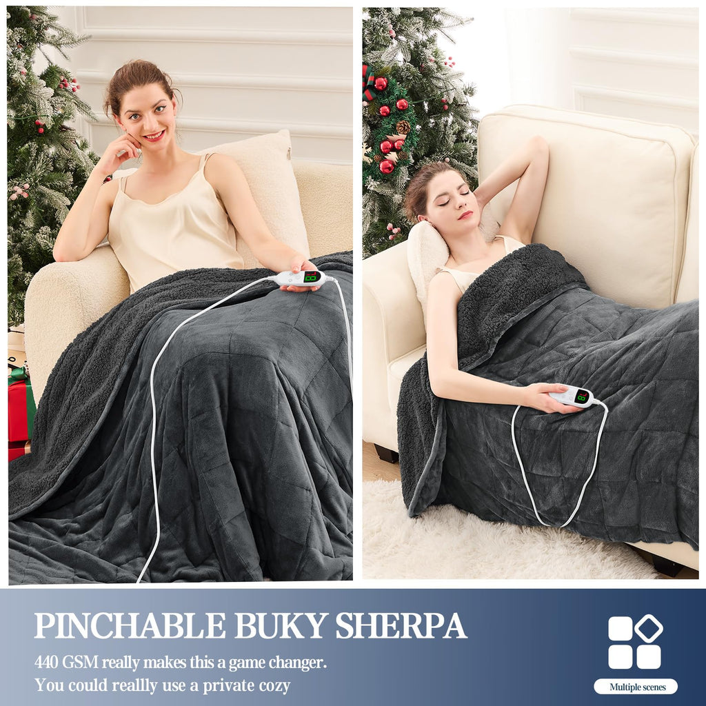 Heated Weighted Blanket for Adults - Sherpa Fleece Electric Throw Blanket (50"x60", 13lbs, Grey) - Thick Soft Warming