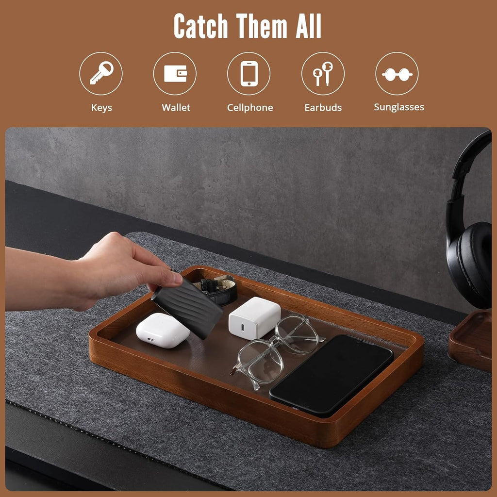 Wood Valet Tray for Men, Key Tray, Desk & Nightstand -DarkBrown