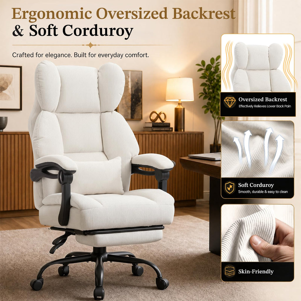 Big&Tall Ergonomic Gaming Chair, Wide Spring Seat, Linkage Armrest, White