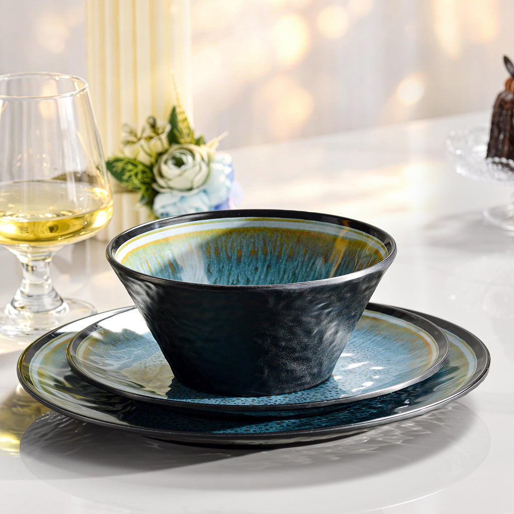 Melamine Dinnerware Sets, 12 Pcs Plates and Bowls for 4, Blue and Black