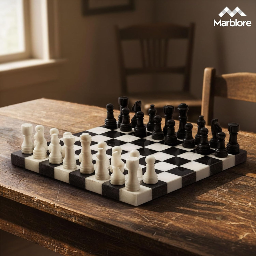 Marble Chess Set for Adults 10 Inch Handmade Black and White Board Game with 32 Chess Pieces 2 Extra Queens Luxury