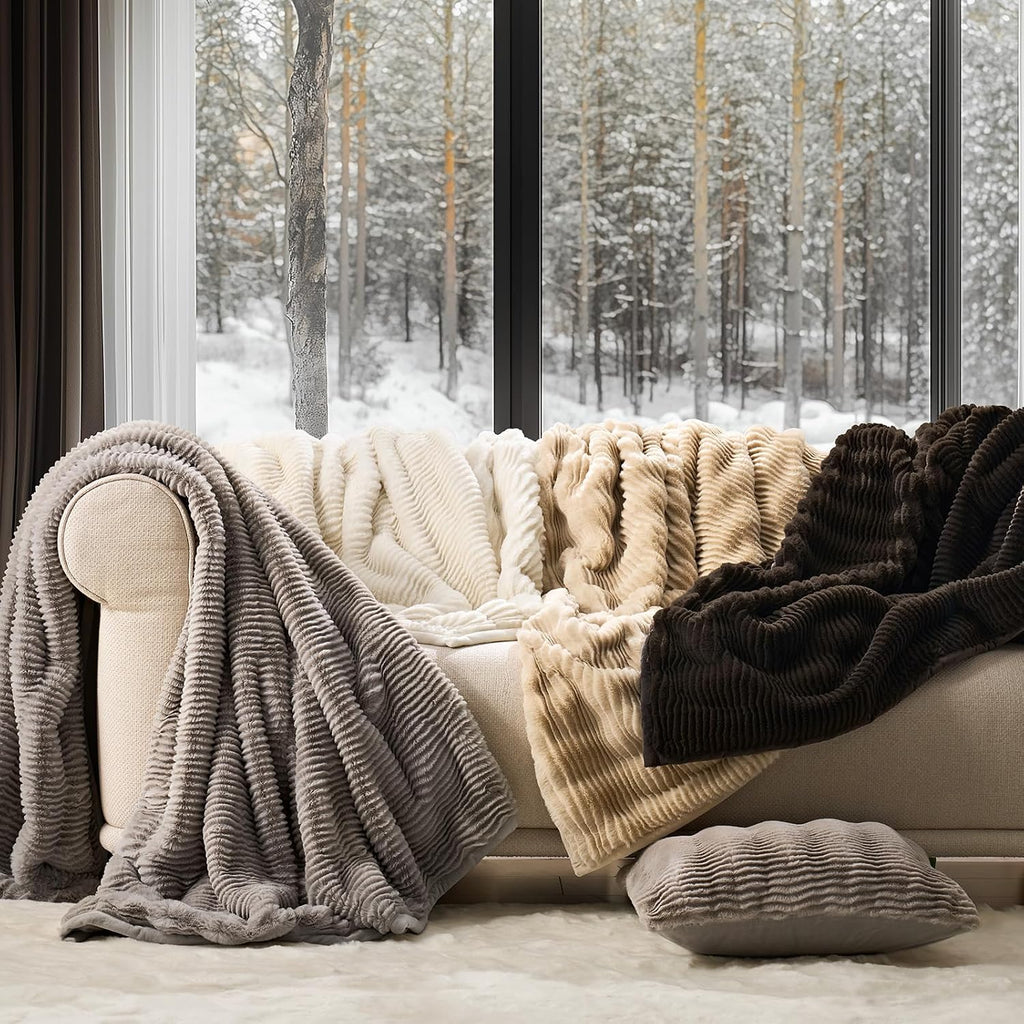 Faux Rabbit Fur Throw Blanket, 60''x80'', Beige | Ultra Soft, Luxury Sculpted Texture Faux Fur Blanket, Fluffy Thick