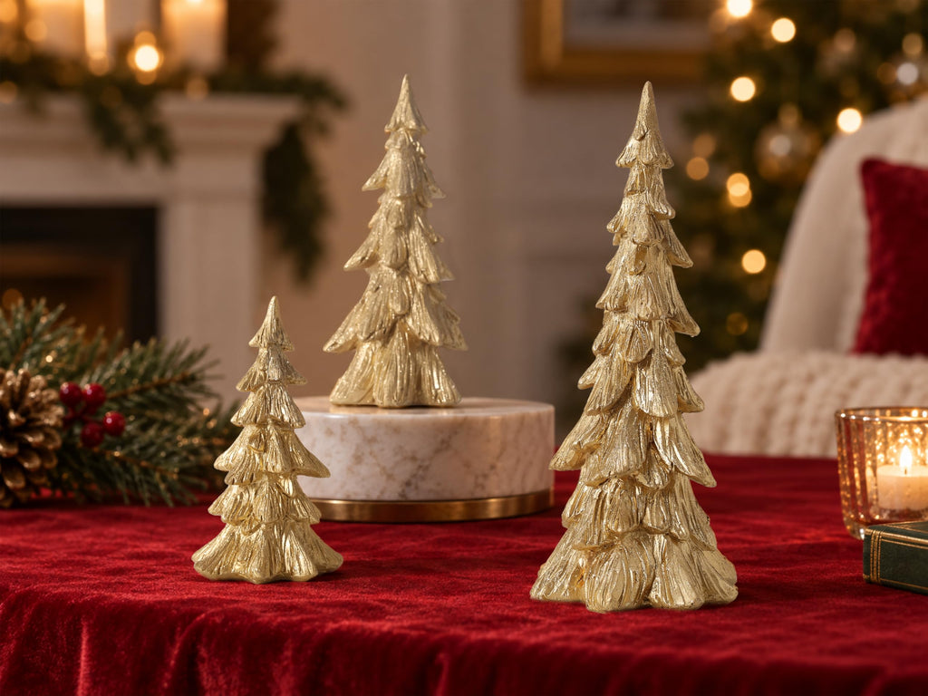 3PCS Gold Christmas Tree Figurines, Resin Tabletop Decor