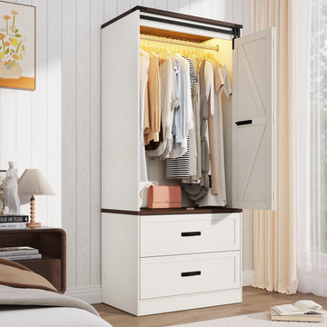2 Doors Armoire Wardrobe Closet w/ Folding Sliding Barn Door, Antique White