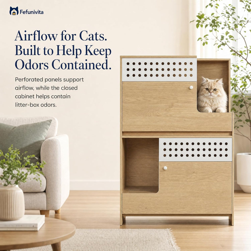 Cat Litter Box Enclosure with Storage & Ventilated Panels, Single Cabinet