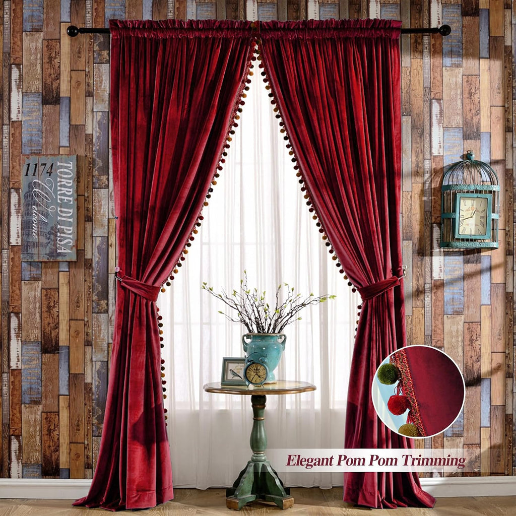 Pom Poms Wide Velvet Curtains Patio Doors, Vintage Luxury Bedroom Rod Pocket Thermal Insulated Window Drapes, 100" W