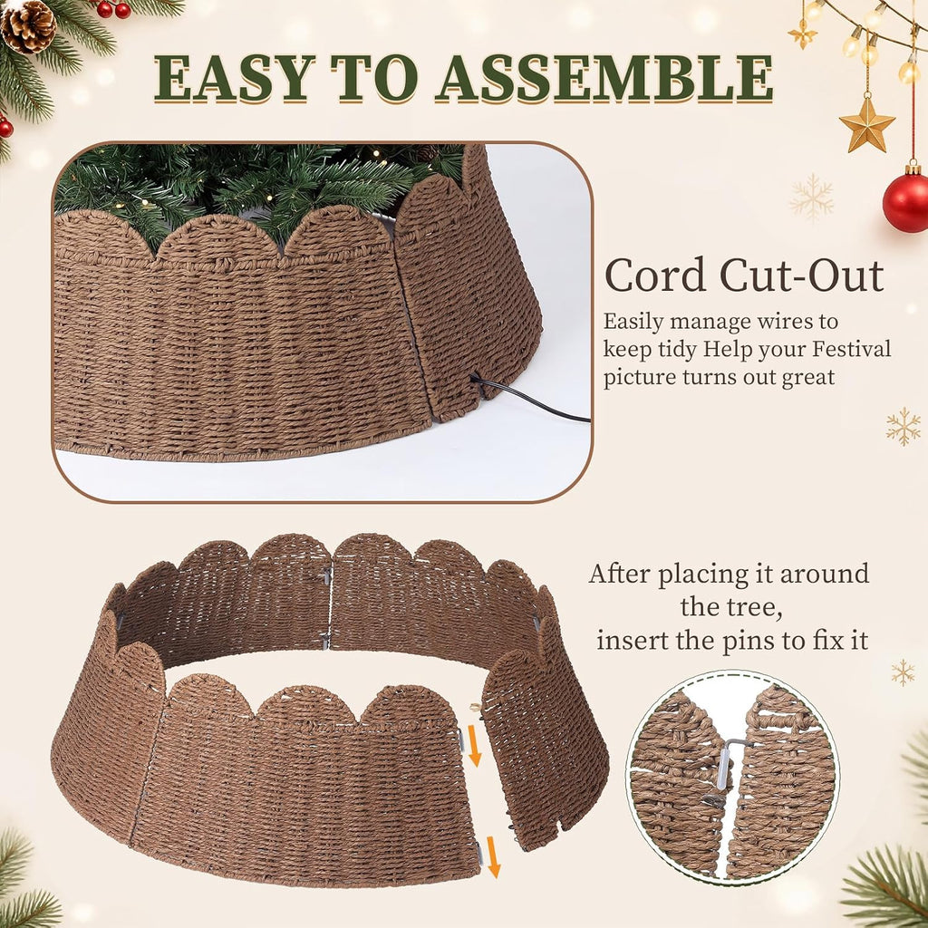 Woven Christmas Tree Collar Rattan Wicker Tree Skirt Stand Base, 24 Inch