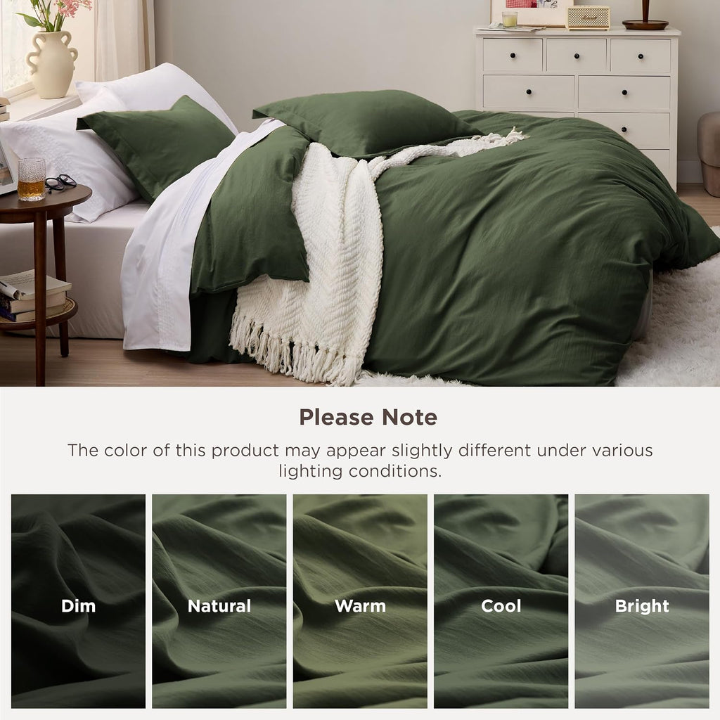 Olive Green Duvet Cover Queen - 3 Pieces Prewashed Cotton-Like Polyester Extra Soft Bedding Set, Includes 1 Duvet