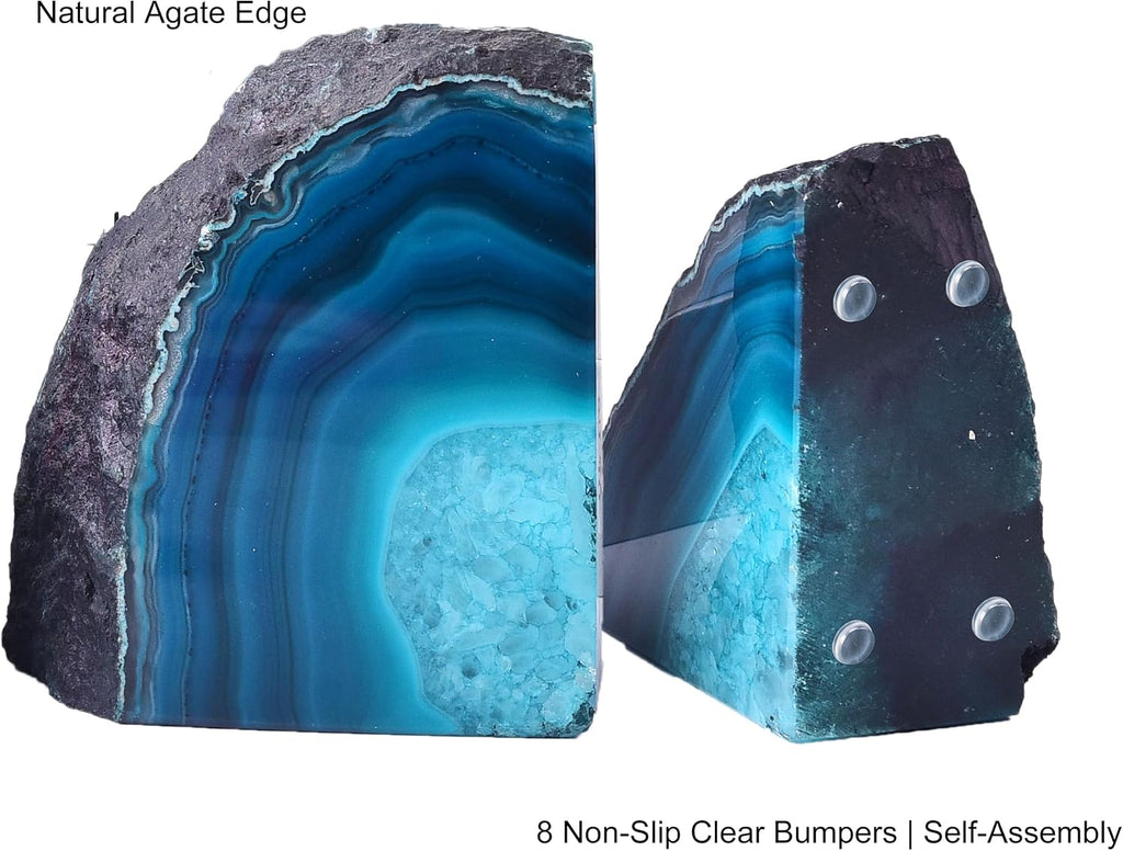 Teal Agate Bookends, Decorative Sturdy Book Ends for Study Shelf | 4-6 Lbs Color-Enhanced Teal, Brazilian Agate
