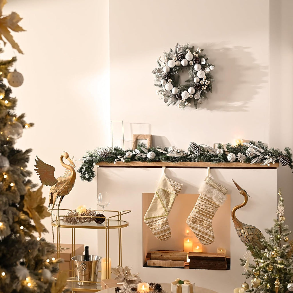 9 Feet Pre-Lit Christmas Garland with Lights for Mantle, Lighted Outdoor Xmas Garland with Silvery White Ball
