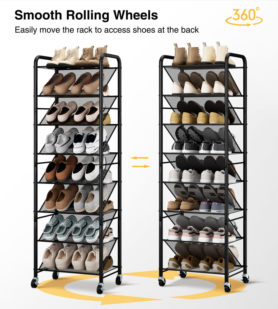 Double-Sided Narrow Shoe Rack with Lockable Wheels, 8-Tier 30 Pairs
