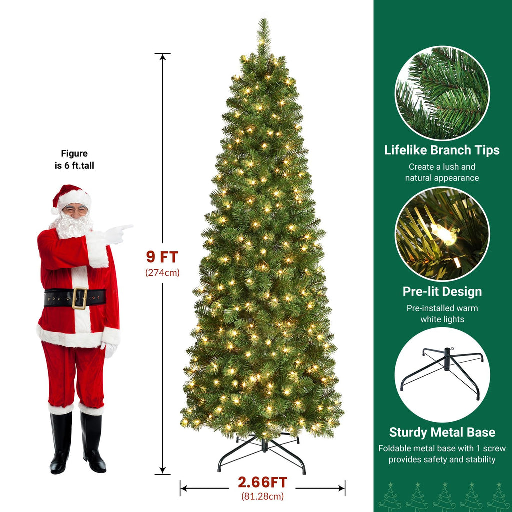 Prelit Artificial Pencil Christmas Tree 9FT & Warm White Lights