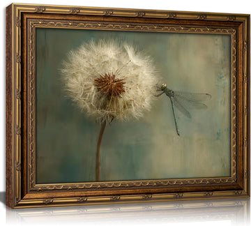 Vintage Gold Framed Dragonfly Wall Art Rustic Wildflower Dandelion Insect Painting Canvas Prints Retro Moody