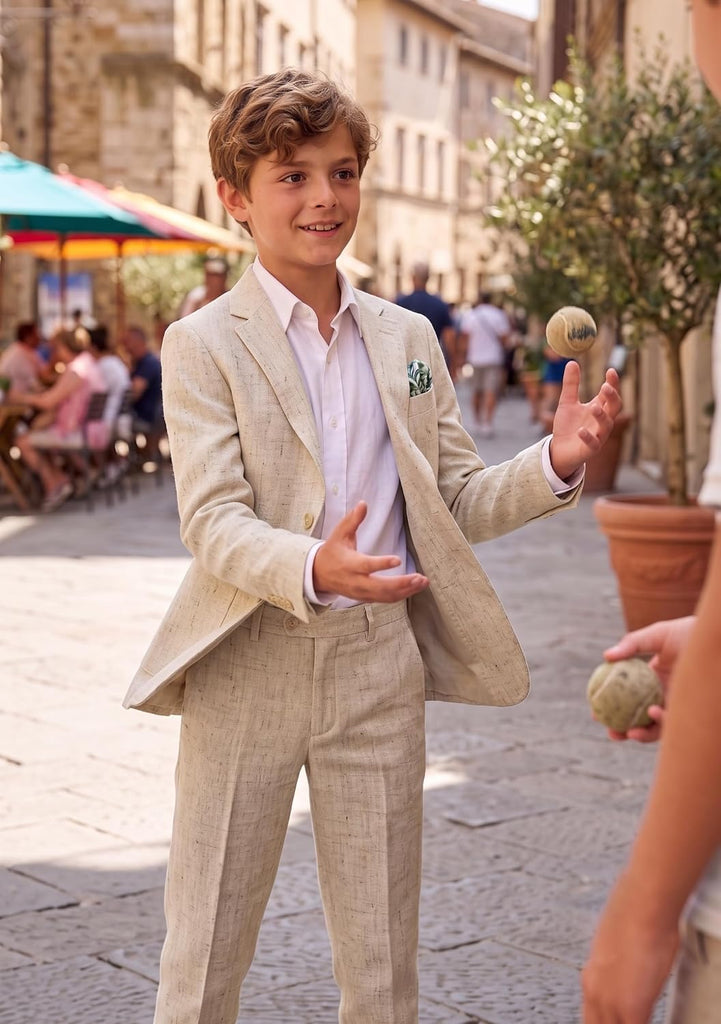 Boys Linen Suits for Boy Slim Fit 2 Piece Set Jacket Pants Wedding Outfit