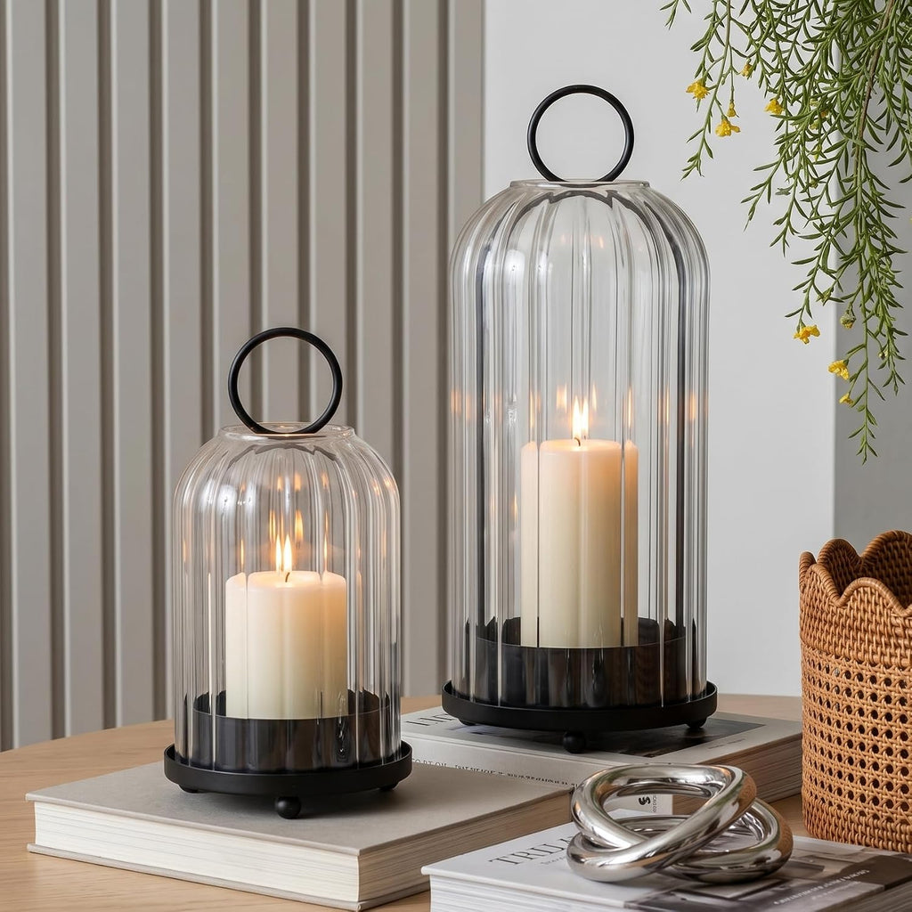 5" & 4" Metal Candle Holder with Ribbed Glass Candle Lanterns Set of 2, Vintage Windproof Hurricane Candle Holders