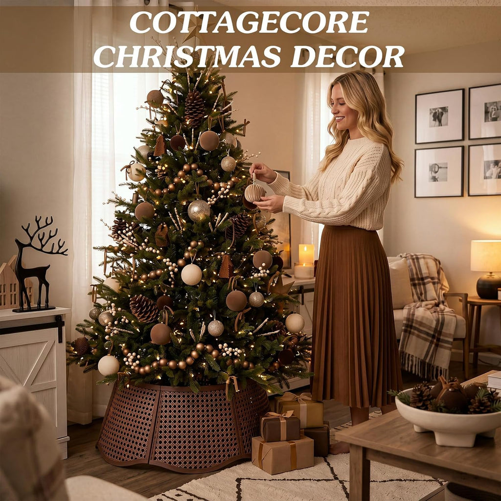26in Rattan Christmas Tree Collar Woven Tree Skirt Collar Brown
