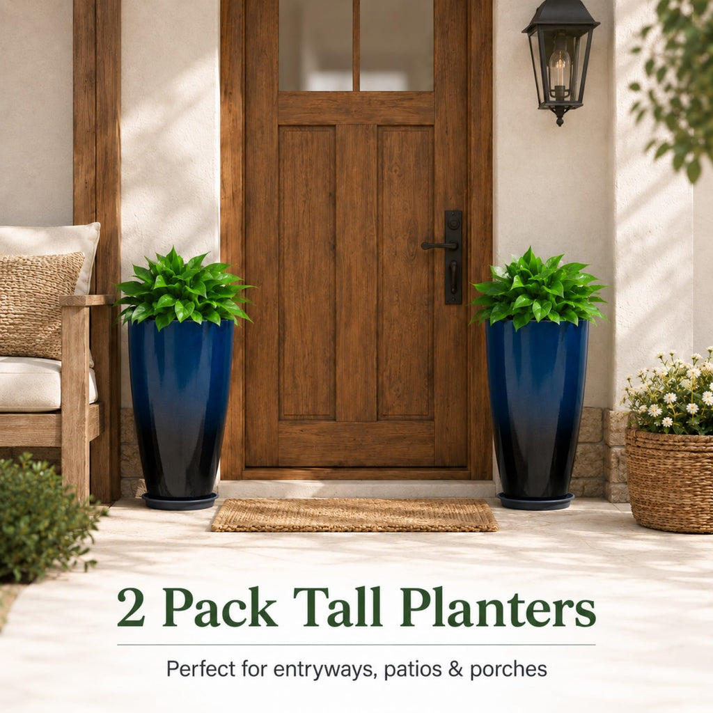 Set of 2 Tall Planter, 21 inch Large Plastic Planter, Dark Blue