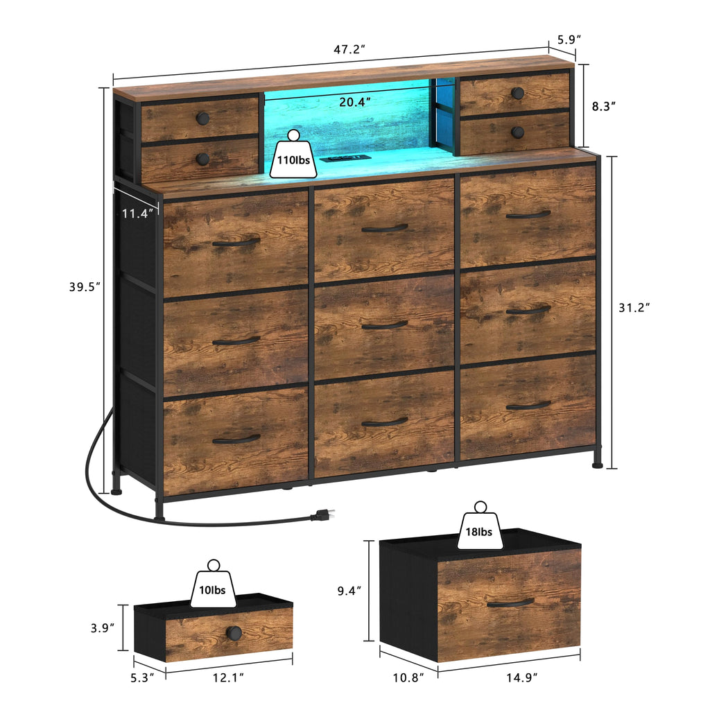 Rustic with Charging Station and LED Lights Large 13 Drawers Fabric Chest of Drawers Living Room Hallway Entryway