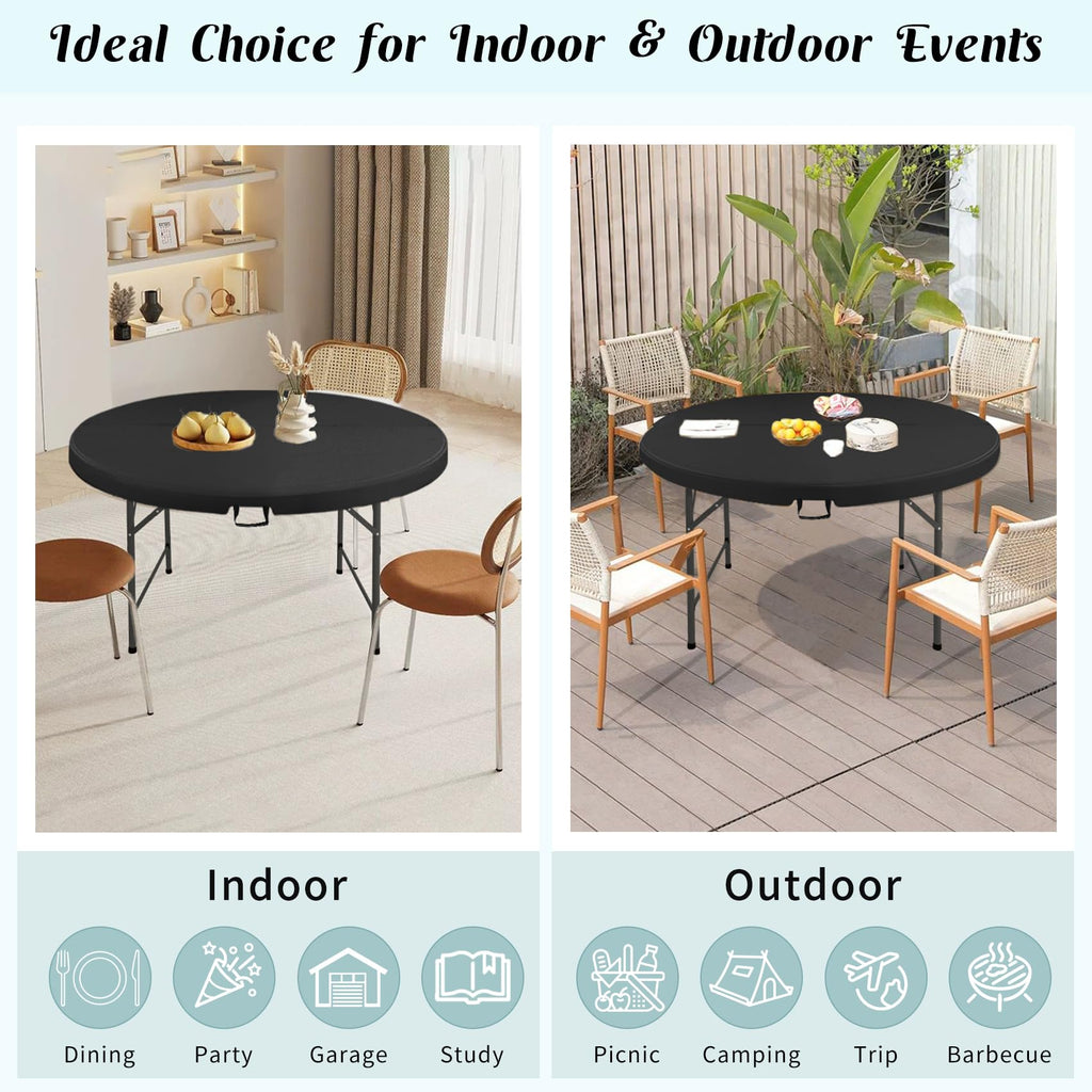 5 FT Round Folding Tables Black Foldable Table, Fold-in-Half with Carrying Handle Portable Plastic Table for Party