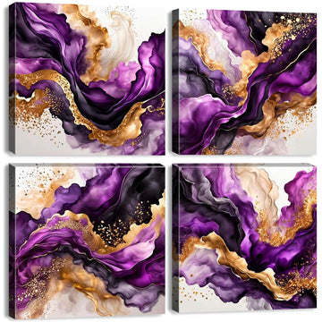 Purple Wall Art Bathroom Abstract Gold and Purple Marble Texture Pictures Wall Decor Colorful Fluid Lines Painting
