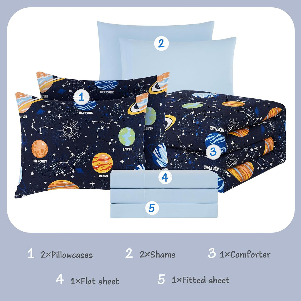 Full Kids Comforter Set - 7 Pieces Full Bedding Sets for Boys Teen, Glow in The Dark Space Bed in A Bag with Sheets