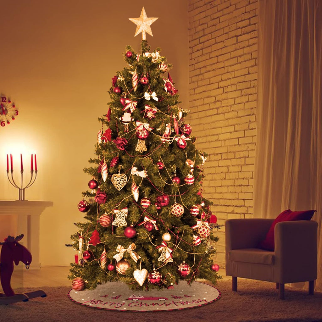 Christmas Tree Skirt, 30 Inch Rustic Burlap Tree Skirt with Red Truck and Letter Printed Christmas Tree Mat for Xmas