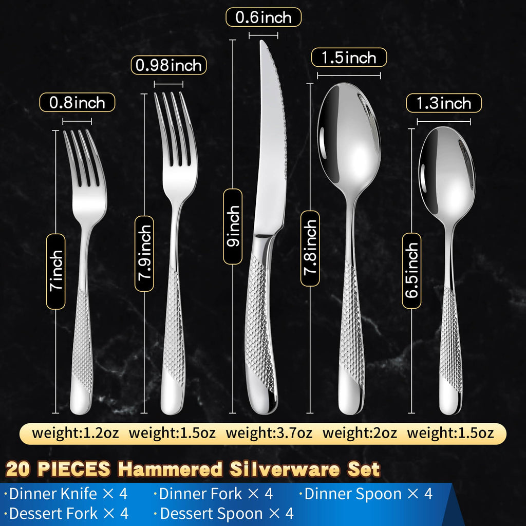 Hammered Silverware Set for 4,18/10 Stainless Steel Flatware Set with Serrated Forged Knives,Heavy Duty