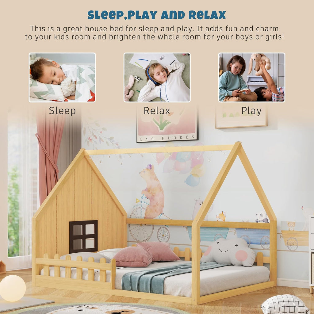 House Bed for Kids, Wood Montessori Floor Bed with LED Light Toddler Floorbed with Fence and Window