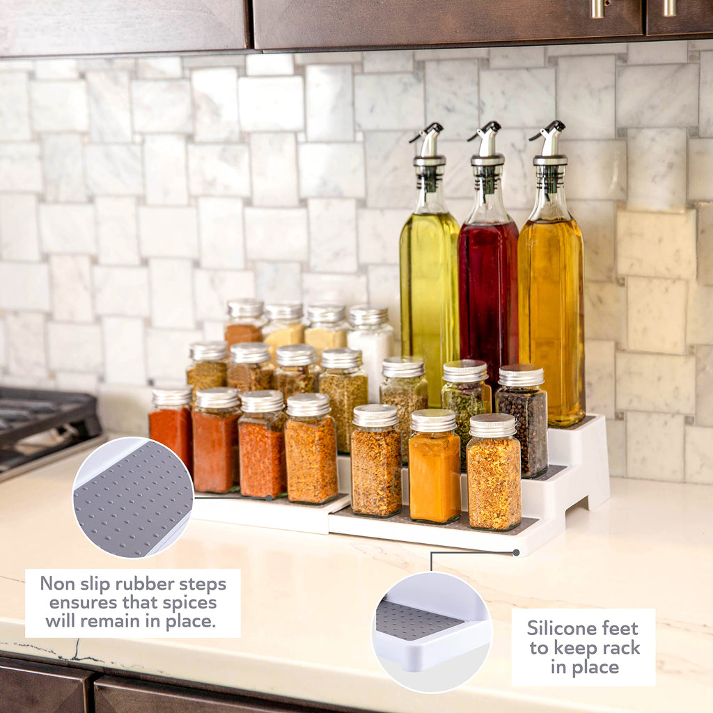 Plastic 3-Tier Expandable Spice Rack, Adjustable Length, Stability with Non-Skid Shelf, For Easy Visibility