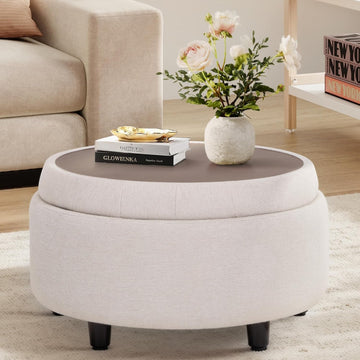 Fabric Round Storage Ottoman with Reversible Tray Lid - Multi-Functional Footrest, Hidden Storage, Sturdy & Stylish