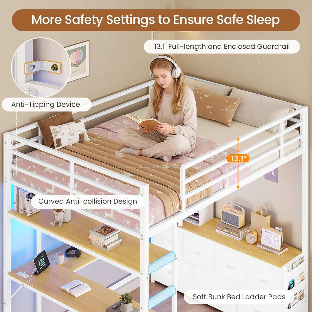 Loft Bed Full with U-Shaped Desk,7 Storage Drawers and Charging Station,Metal Full Loft Bed with Led Lights and 2-tier