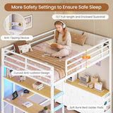 Loft Bed Full with U-Shaped Desk,7 Storage Drawers and Charging Station,Metal Full Loft Bed with Led Lights and 2-tier