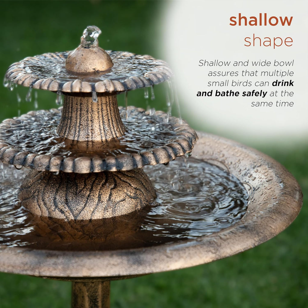 35” Tall 3-Tier Pedestal Water Fountain with Birdbath in Vintage - Outdoor Garden Fountain Decoration, Bronze