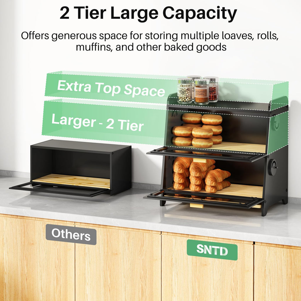 Bread Box - 2 Tier Countertop, Adjustable Ventilation, Black