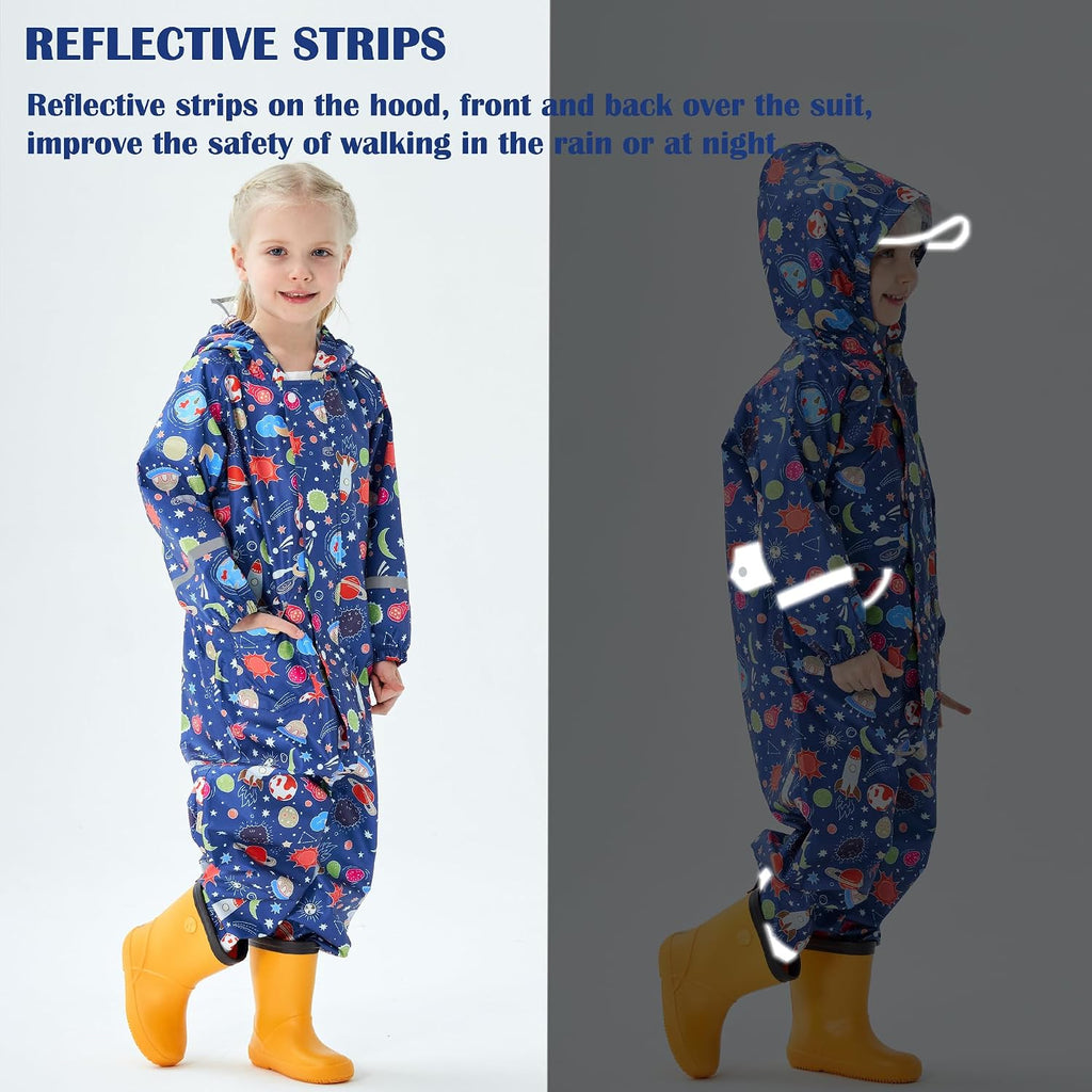 Kids Toddler Rain Suit for Boys Girls One Piece Hoodie Zipper Cartoon Waterproof Coverall Rain Jacket
