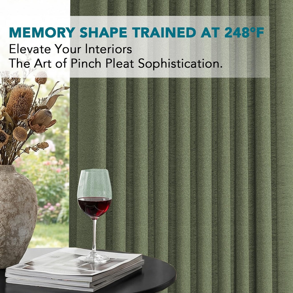 Pinch Pleated Faux Linen Curtains 90" Olive Light Filtering Drapes | Memory Shape, Jacquard Texture, Enhanced Privacy