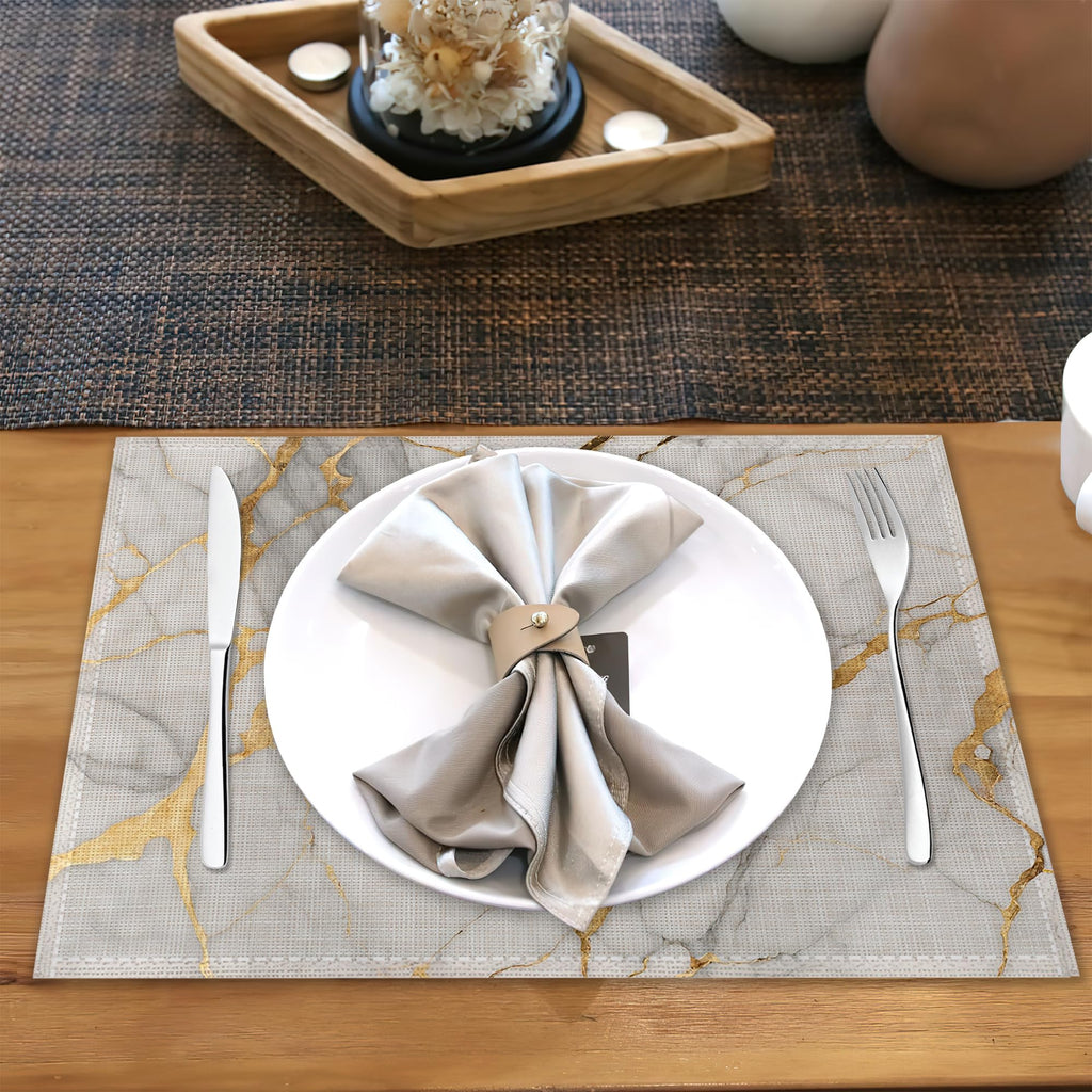 Placemats Set of 6,White Gold Marble Linen Table Mats Abstract Heat Resistant Place Mats Washable Dining Table Mats