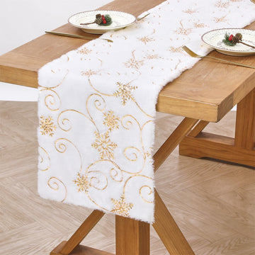 Christmas Table Runner White Faux Fur Gold Sequin Runner 13"x90"